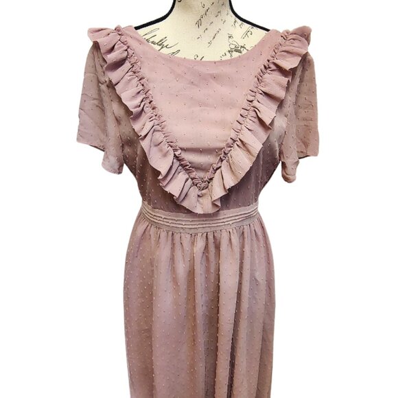 Pink Maxi Dress Medium Ruffle Backless Prairie Bridesmaid Vintage Style 70s 80s - Picture 6 of 9